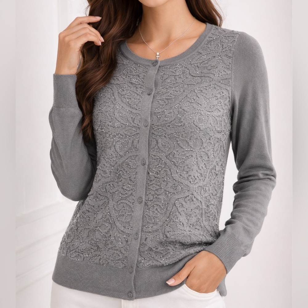 Simply Vera wang Soft Gray Shimmer Knit Cardigan – Elegant Textured medium